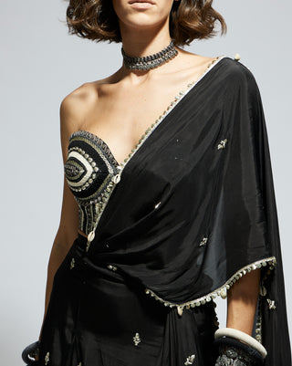 Black silk threadwork corset and sari