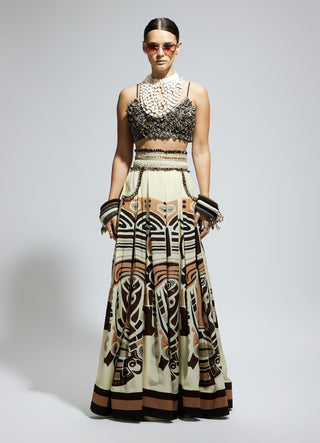 Sva By Sonam And Paras Modi Ivory Black Silk Printed Box Pleated Skirt And Bustier available on indiaspopup