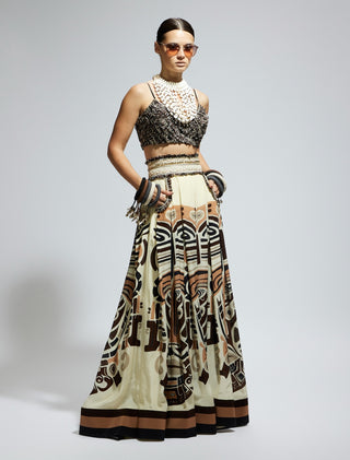 Sva By Sonam And Paras Modi Ivory Black Silk Printed Box Pleated Skirt And Bustier available on indiaspopup