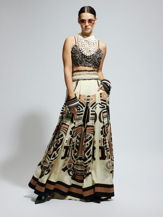 Ivory black silk printed box pleated skirt and bustier