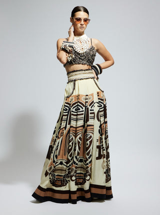 Ivory black silk printed box pleated skirt and bustier