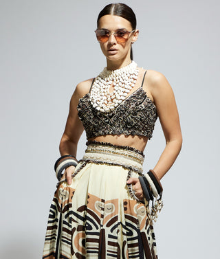 Sva By Sonam And Paras Modi Ivory Black Silk Printed Box Pleated Skirt And Bustier available on indiaspopup