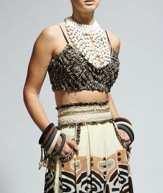 Ivory black silk printed box pleated skirt and bustier