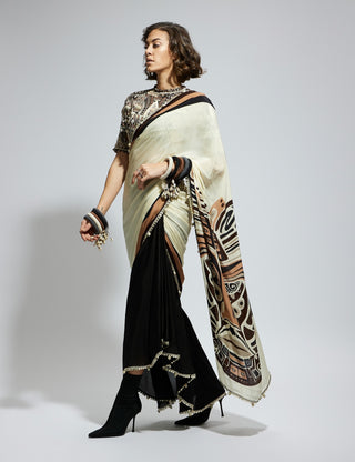 Ivory black silk print cascade sari and blouse