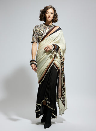 Ivory black silk print cascade sari and blouse