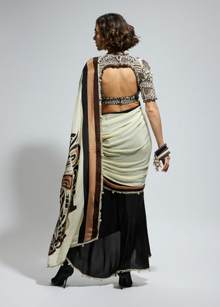 Ivory black silk print cascade sari and blouse