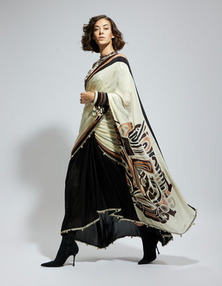 Ivory black silk print cascade sari and blouse