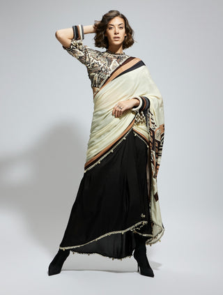 Ivory black silk print cascade sari and blouse