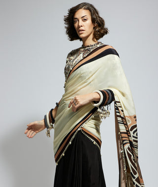 Ivory black silk print cascade sari and blouse