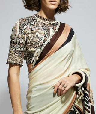 Ivory black silk print cascade sari and blouse