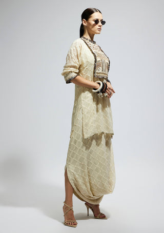Sva By Sonam And Paras Modi Ivory Aztec Yoke Embroidered Tunic And Drape Skirt available on indiaspopup