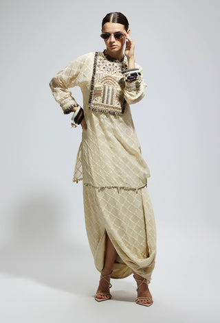 Sva By Sonam And Paras Modi Ivory Aztec Yoke Embroidered Tunic And Drape Skirt available on indiaspopup