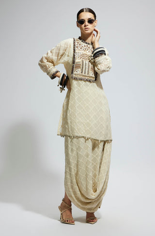 Sva By Sonam And Paras Modi Ivory Aztec Yoke Embroidered Tunic And Drape Skirt available on indiaspopup