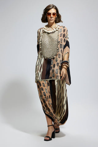 Brown white metallic short kaftan and skirt set