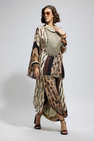 Brown white metallic short kaftan and skirt set