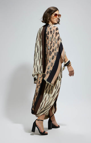 Brown white metallic short kaftan and skirt set