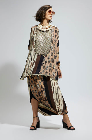 Brown white metallic short kaftan and skirt set