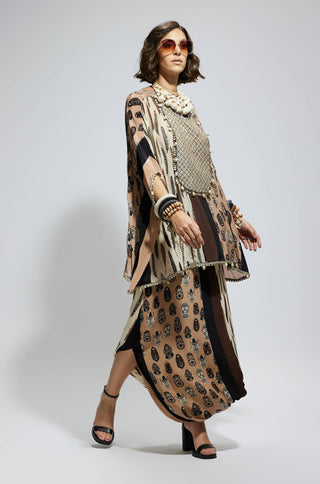 Brown white metallic short kaftan and skirt set