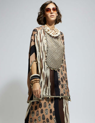 Brown white metallic short kaftan and skirt set