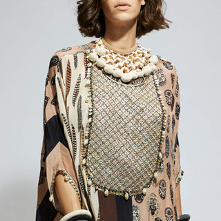 Brown white metallic short kaftan and skirt set