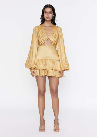 Deme By Gabriella-Mustard Ruffled Short Dress-INDIASPOPUP.COM