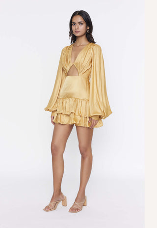 Deme By Gabriella-Mustard Ruffled Short Dress-INDIASPOPUP.COM