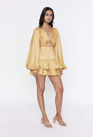 Deme By Gabriella-Mustard Ruffled Short Dress-INDIASPOPUP.COM