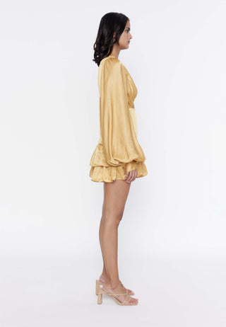 Deme By Gabriella-Mustard Ruffled Short Dress-INDIASPOPUP.COM