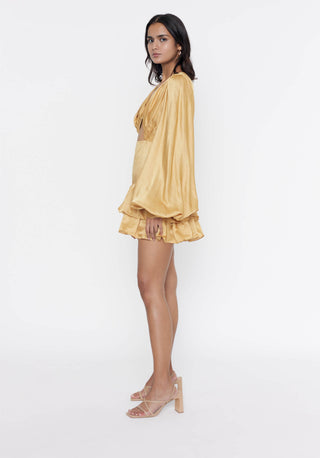 Deme By Gabriella-Mustard Ruffled Short Dress-INDIASPOPUP.COM
