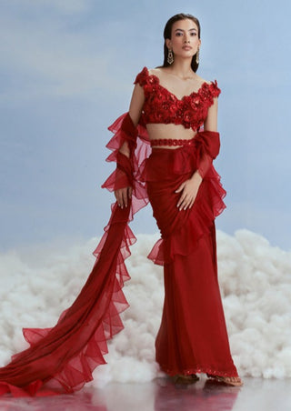 Nachiket Barve-Red Astral Carnations Ruffle Sari Set-INDIASPOPUP.COM