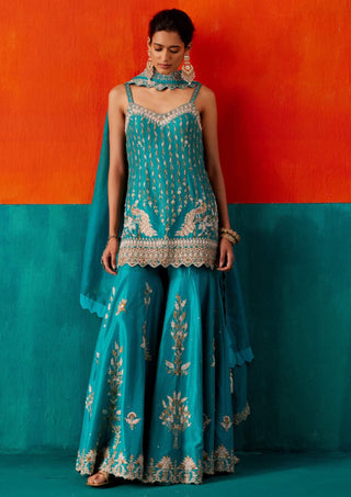Aman Takyar-Turquoise Blue Embroidered Sharara Set-INDIASPOPUP.COM