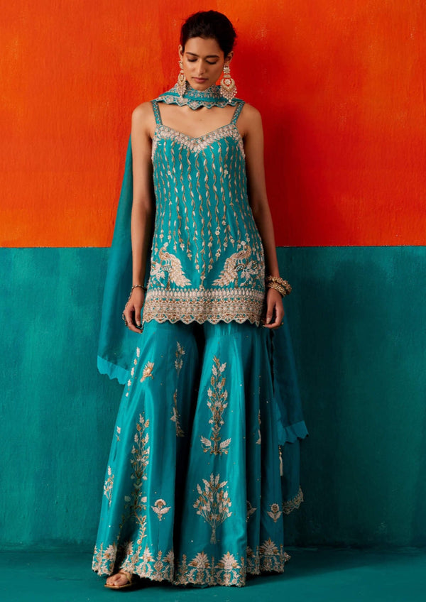 Girl Tie And Dye Sharara Set- Turq Blue main image 0