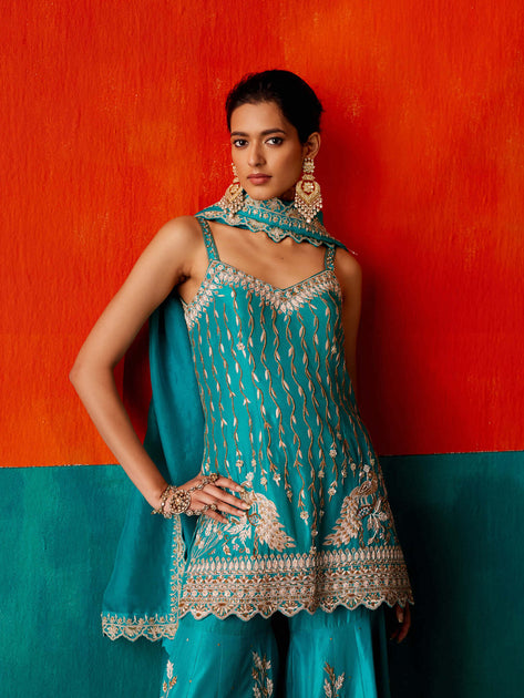 Pearl Star Supima Cotton Turquoise Kurta with Sharara Set