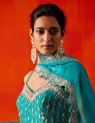 Aman Takyar-Turquoise Blue Embroidered Sharara Set-INDIASPOPUP.COM