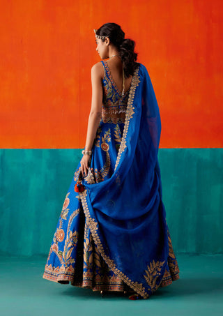 Aman Takyar-Cobalt Blue Floral Embroidered Lehenga Set-INDIASPOPUP.COM