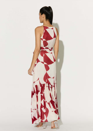 White and red abstract sleeveless long dress