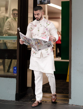 Porcelain Petals Nehru Jacket Set by Jatin Malik available on Indiaspopup.com