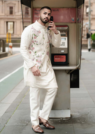 Porcelain Petals Nehru Jacket Set by Jatin Malik available on Indiaspopup.com