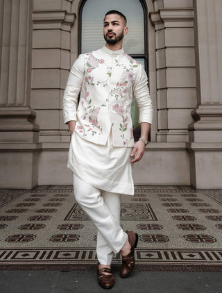 Porcelain Petals Nehru Jacket Set by Jatin Malik available on Indiaspopup.com