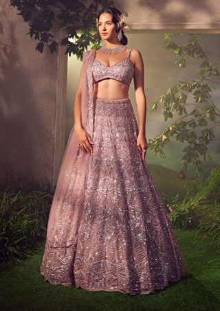 Aneesh Agarwaal-Mauve Embellished Tulle Lehenga Set-INDIASPOPUP.COM