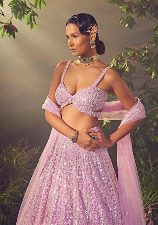 Aneesh Agarwaal-Lavender Tulle Embroidered Lehenga Set-INDIASPOPUP.COM