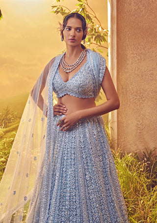 Aneesh Agarwaal-Sky Blue Tulle Lehenga Set-INDIASPOPUP.COM