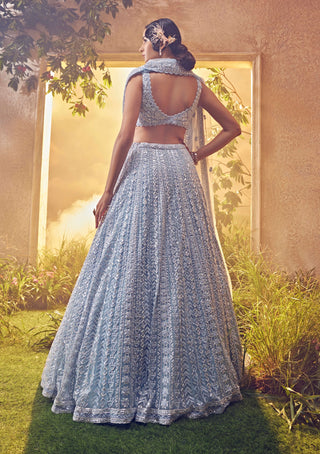 Aneesh Agarwaal-Sky Blue Tulle Lehenga Set-INDIASPOPUP.COM