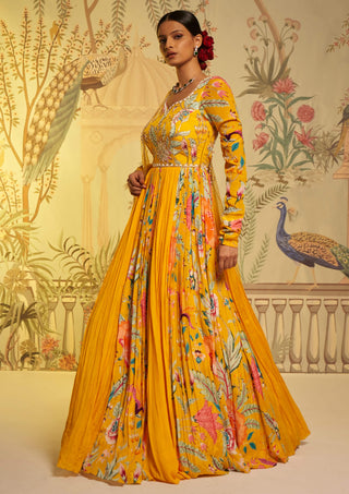 Aayushi Maniar-Yellow Floral Anarkali And Dupatta-INDIASPOPUP.COM