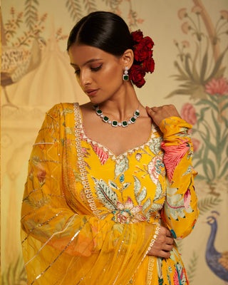 Aayushi Maniar-Yellow Floral Anarkali And Dupatta-INDIASPOPUP.COM