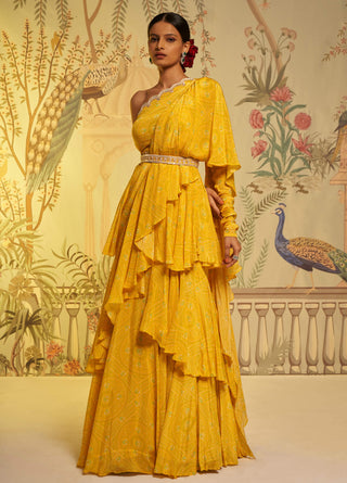 Aayushi Maniar-Yellow Bandhani Frill Sari And Blouse-INDIASPOPUP.COM