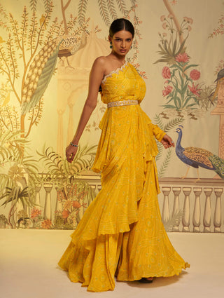 Aayushi Maniar-Yellow Bandhani Frill Sari And Blouse-INDIASPOPUP.COM