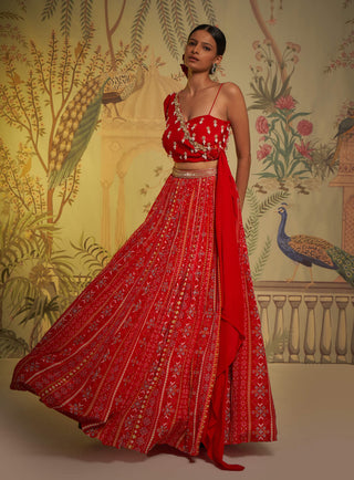 Aayushi Maniar-Red Scarlet One-Shoulder Blouse And Lehenga-INDIASPOPUP.COM