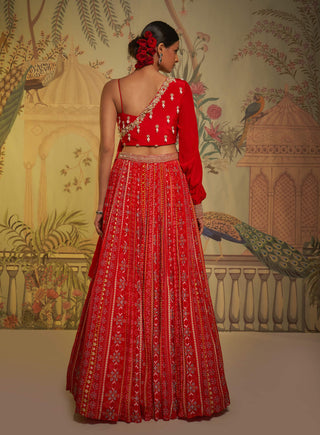 Aayushi Maniar-Red Scarlet One-Shoulder Blouse And Lehenga-INDIASPOPUP.COM