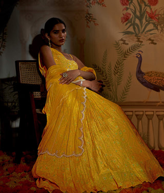 Aayushi Maniar-Yellow Bandhani Corset Lehenga Set-INDIASPOPUP.COM